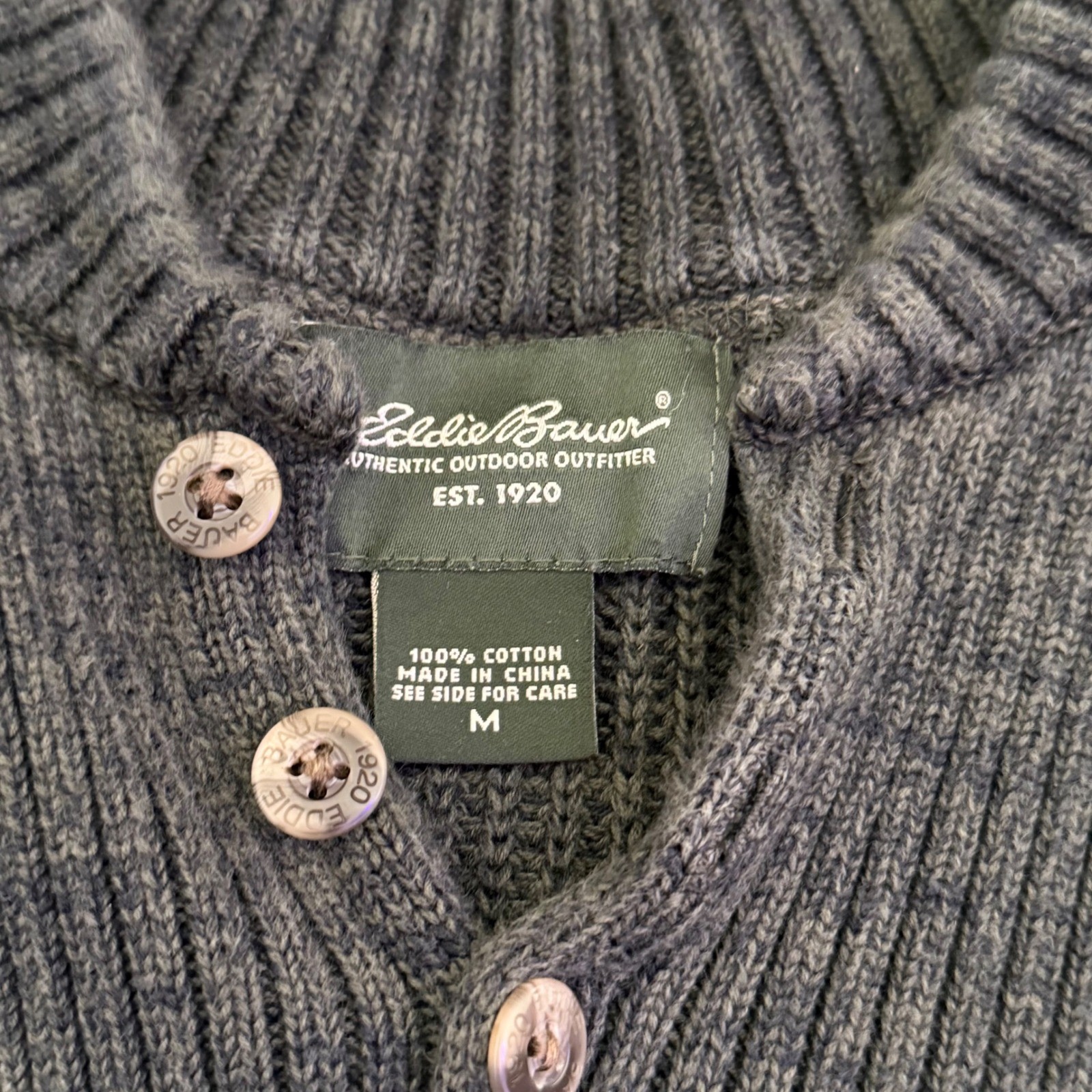 Vintage Eddie Bauer Men Henley Pullover Green Sweater Size M Distressed Chunky