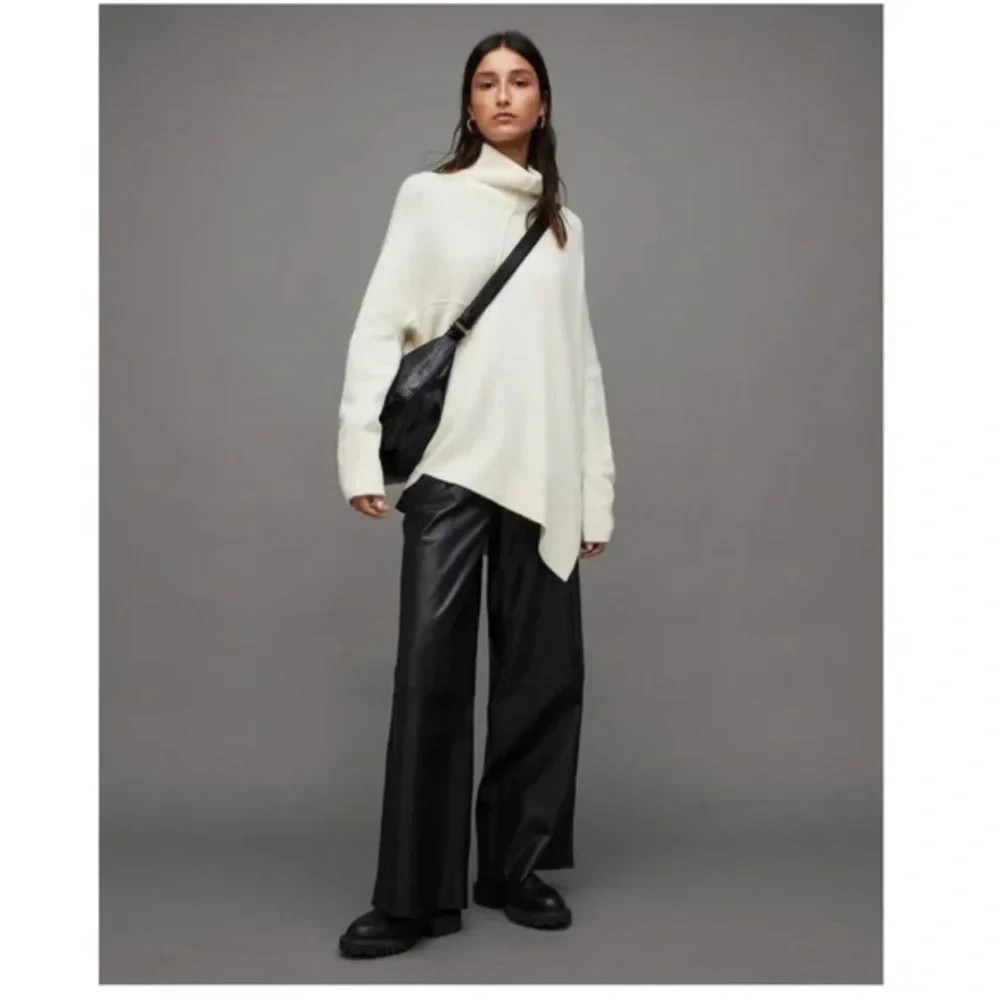 AllSaints Ivory Asymmetric Roll Neck Wool Yak Blend Sweater Sz Large