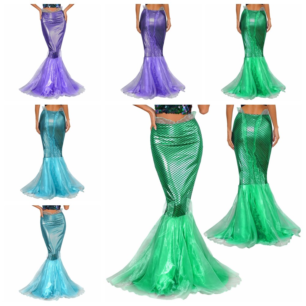 US Women’s Mermaid Tail Costume Fish Scale Skirt Shiny Sparkle Halloween Party