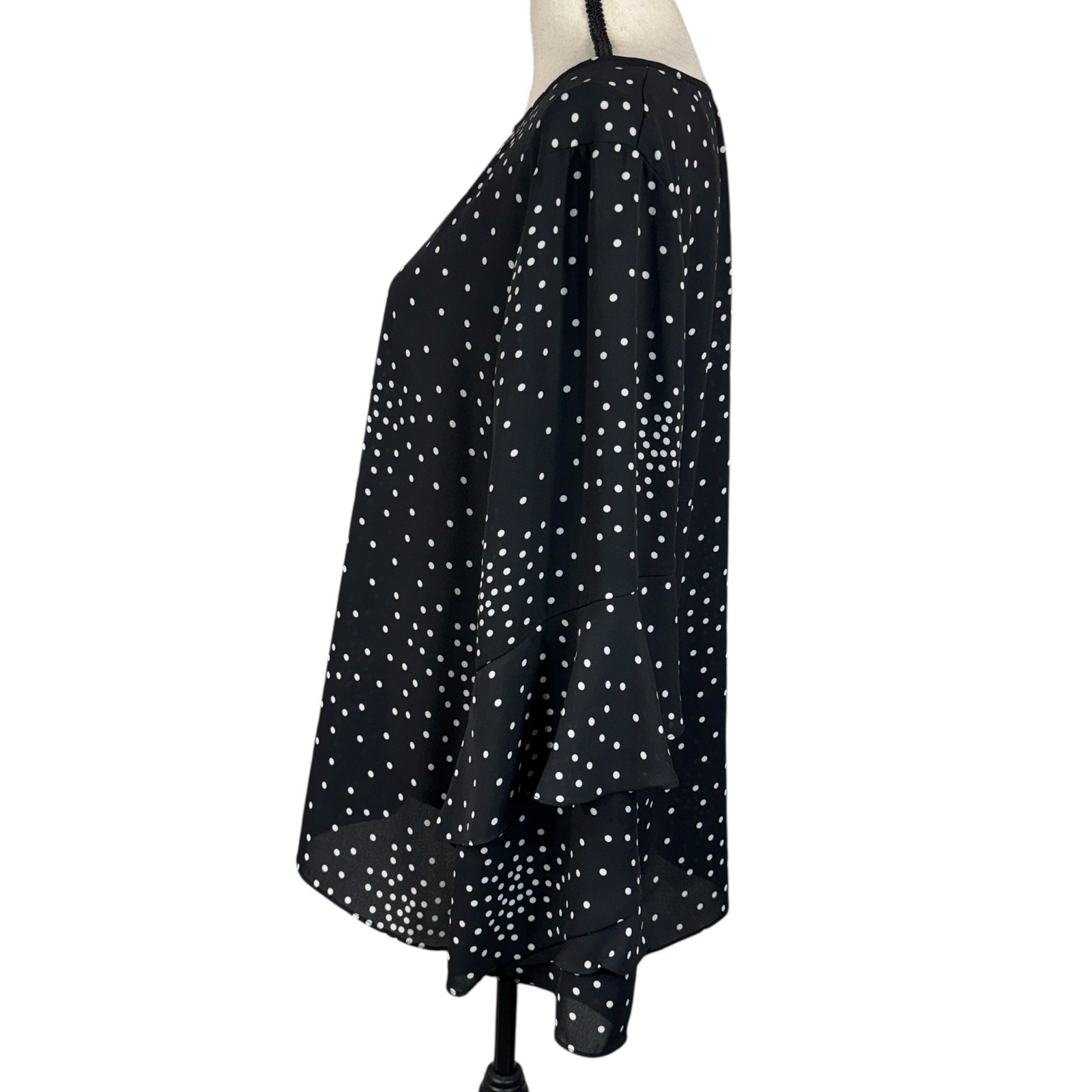 Worthington X-Large Top Polka Dot Long Flared Sleeves Keyhole Semi-Sheer Black