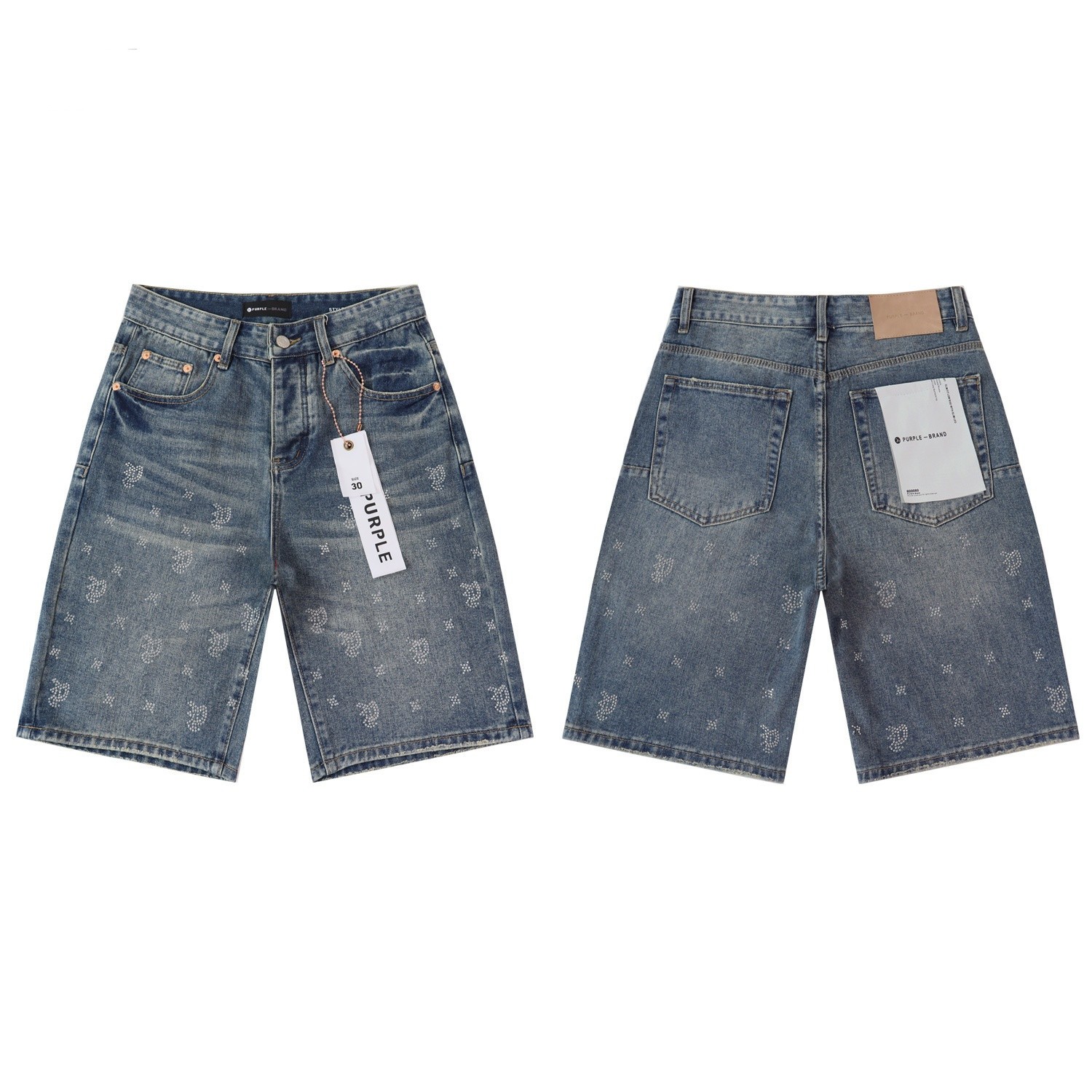 Men’s Purple Fashion Rhinestone Paisley Brand Denim Shorts Straight Jorts Jeans