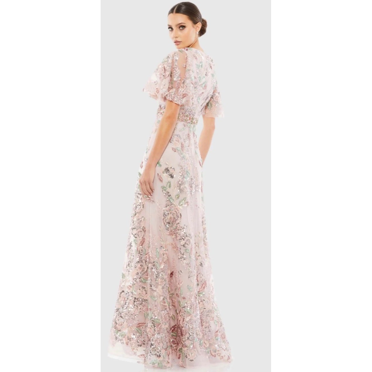 Mac Duggal 67880 Rose Pink Floral Sequin Flutter Sleeve Gown Dress Size 8 NEW