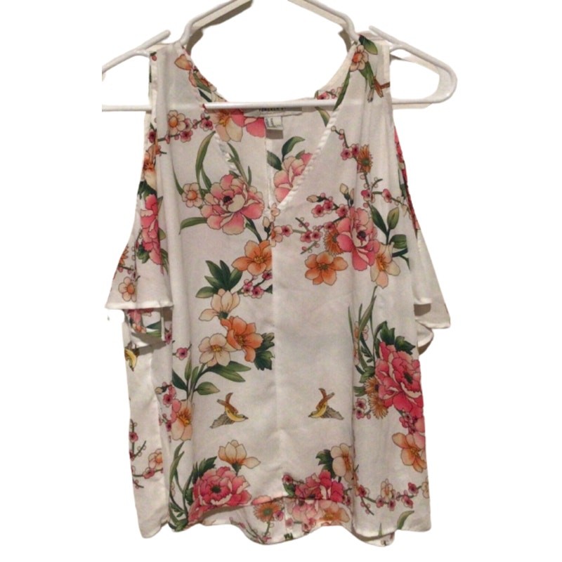 Forever 21 Womens Floral Open Shoulder Semi Sheer Pullover Top Size Medium