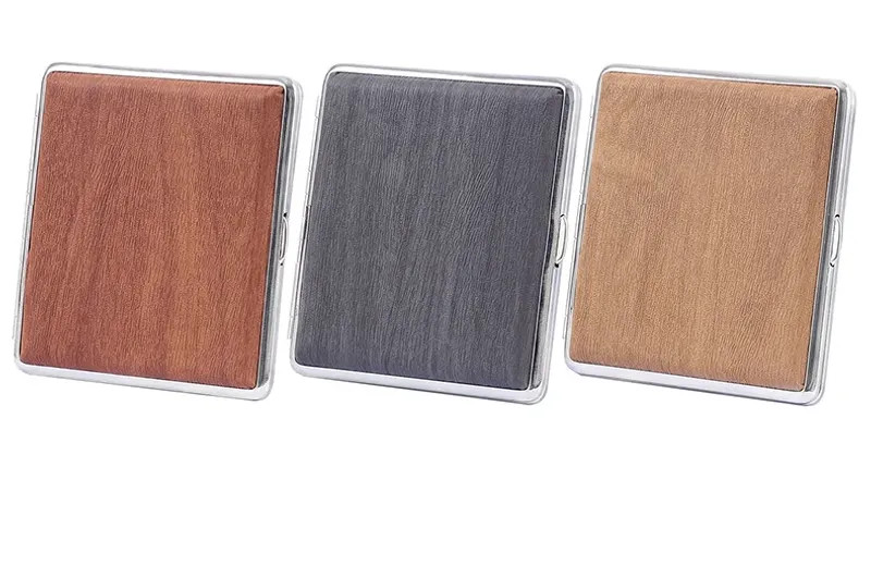 Leather Cigarette Case 20 Pack Portable Tobacco Box Men Wood Grain Accessories