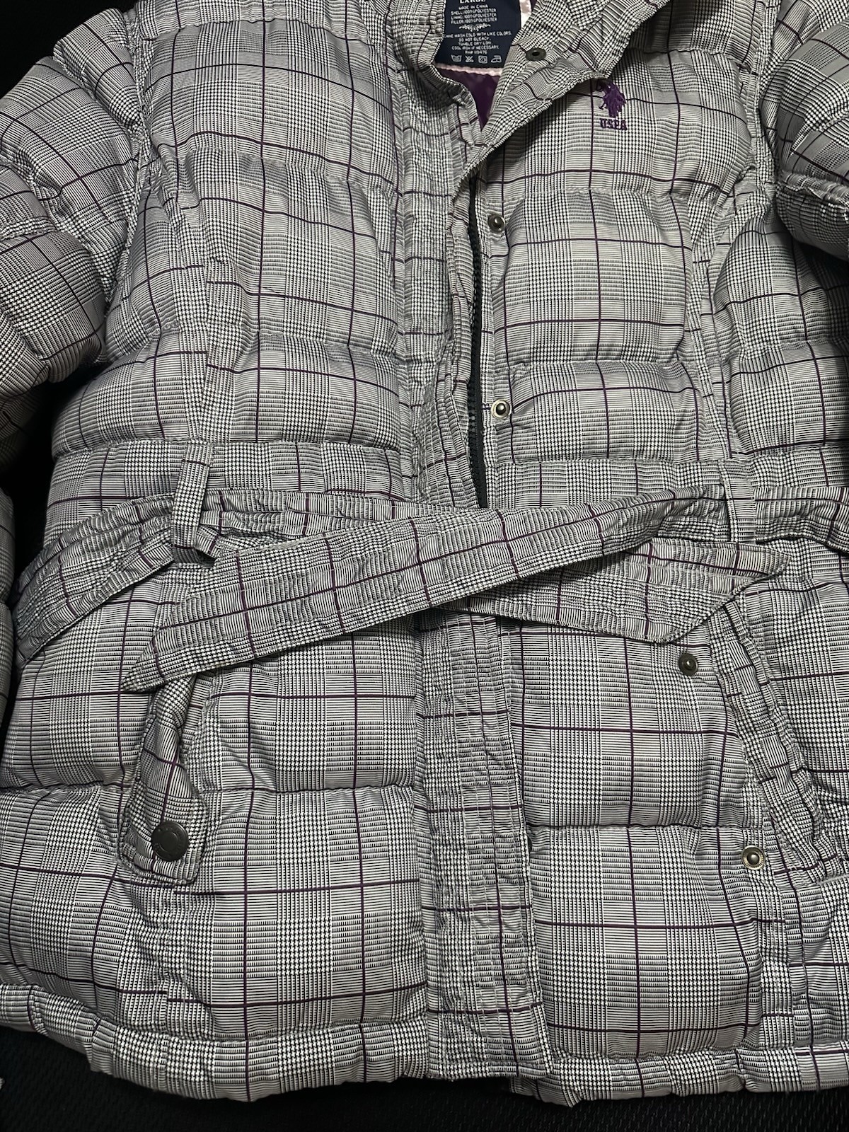 U.S. Polo Assn. Women’s Plaid Puffer Jacket Gray/Purple Quilted Insulated L