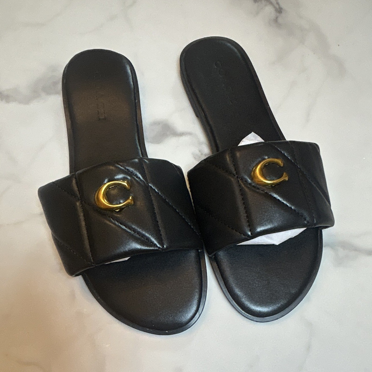 Coach women’s Black Leather Slide Sandals Slip On Gold C Logo US 10