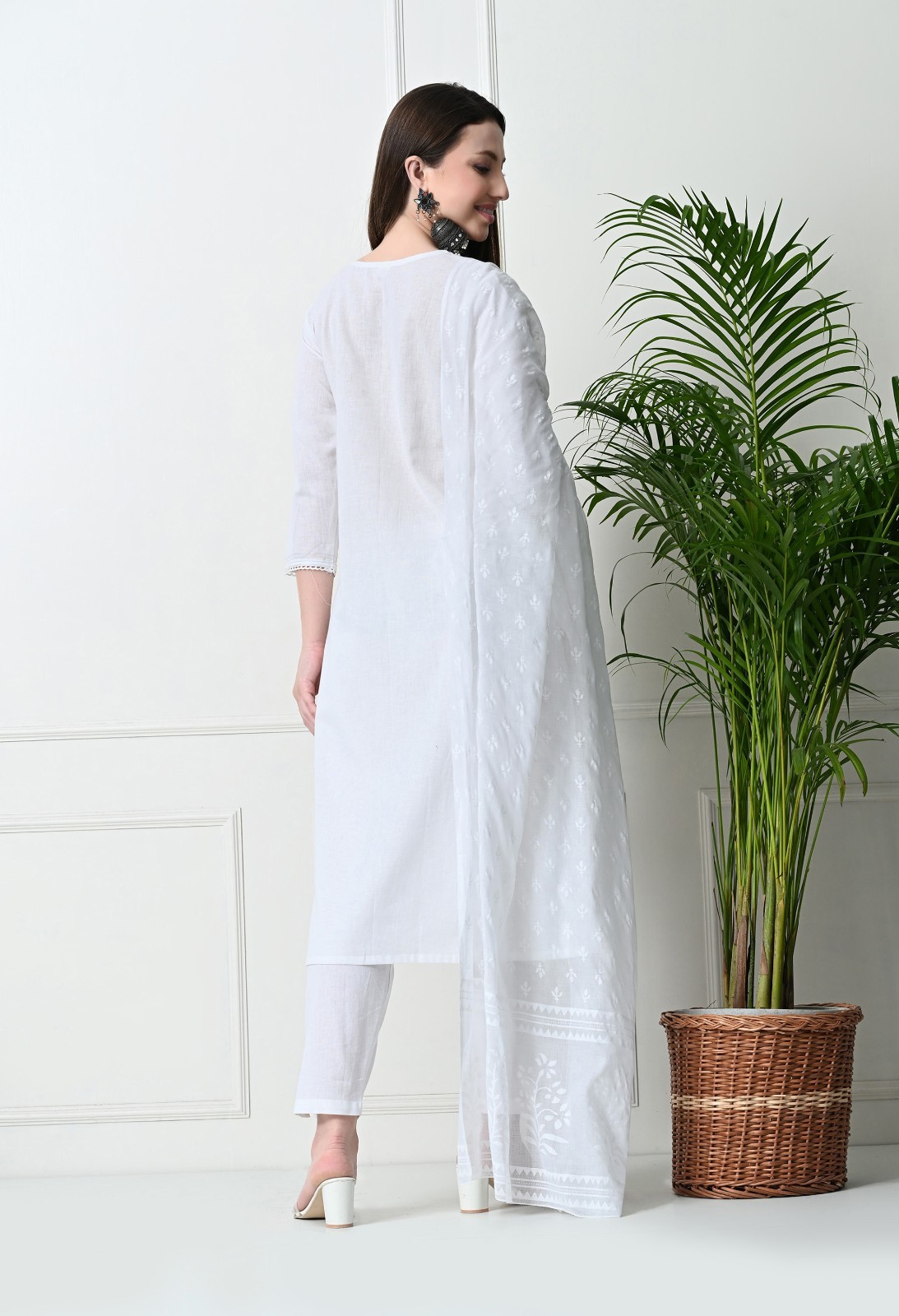 White Cotton Kurta Set with Dupatta for Women, Straight Fit Tunic & Pants, Light