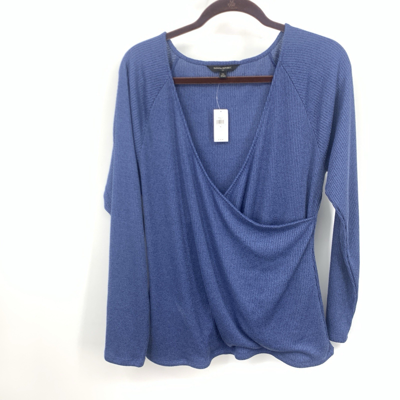 Banana Republic Women Size XL Shirt Blue Ribbed Wrap Long Sleeve Top Sweater