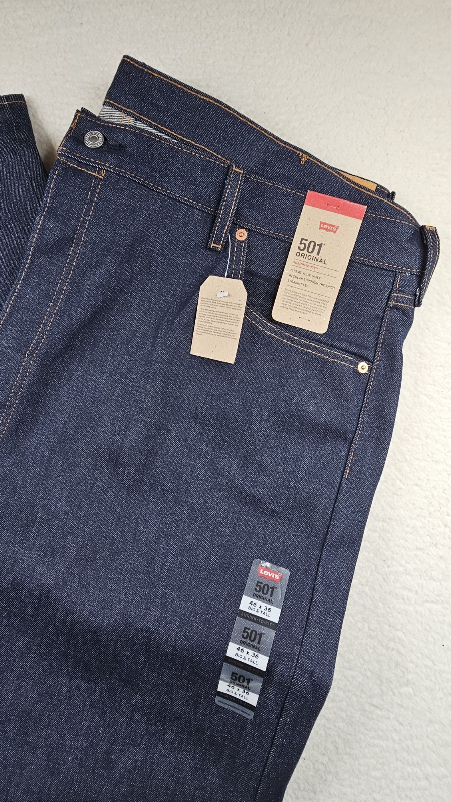 Levis 501 Original Straight Button Fly Denim Jeans Blue Mens 46×36 Shrink To Fit