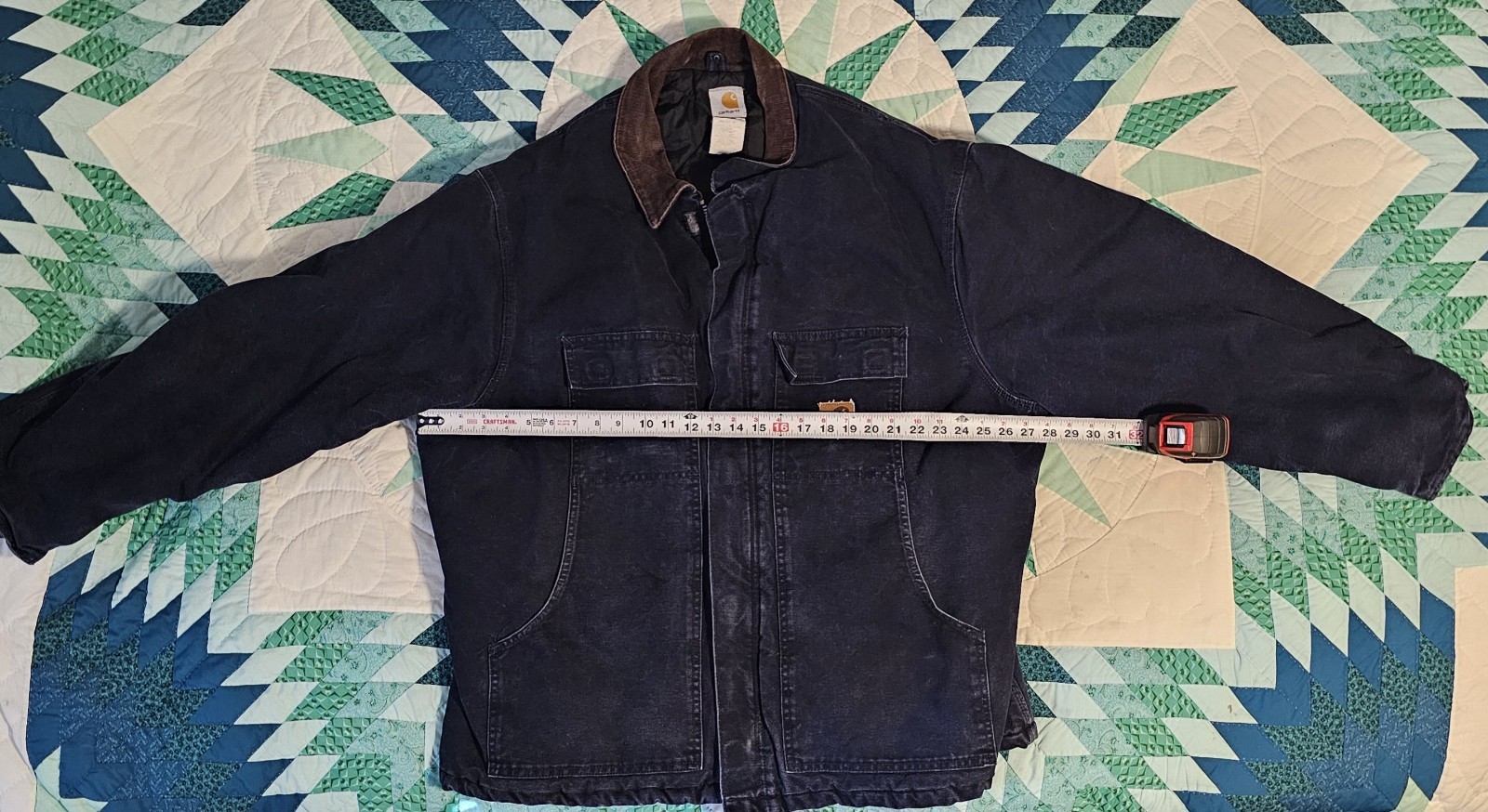 Carhartt Navy Lined Work Jacket Full Zip Logo Zipper Button Spread Collar L