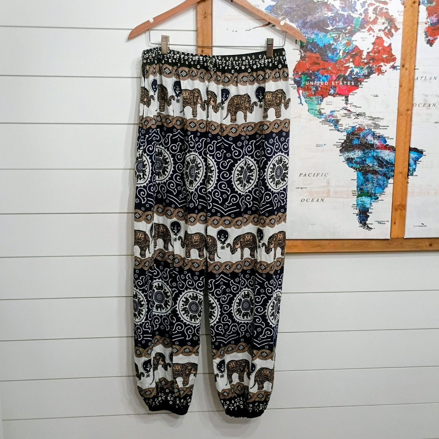 Women’s Navy Elephant Print Jogger Pants Drawstring Elastic Waist Rayon One Size