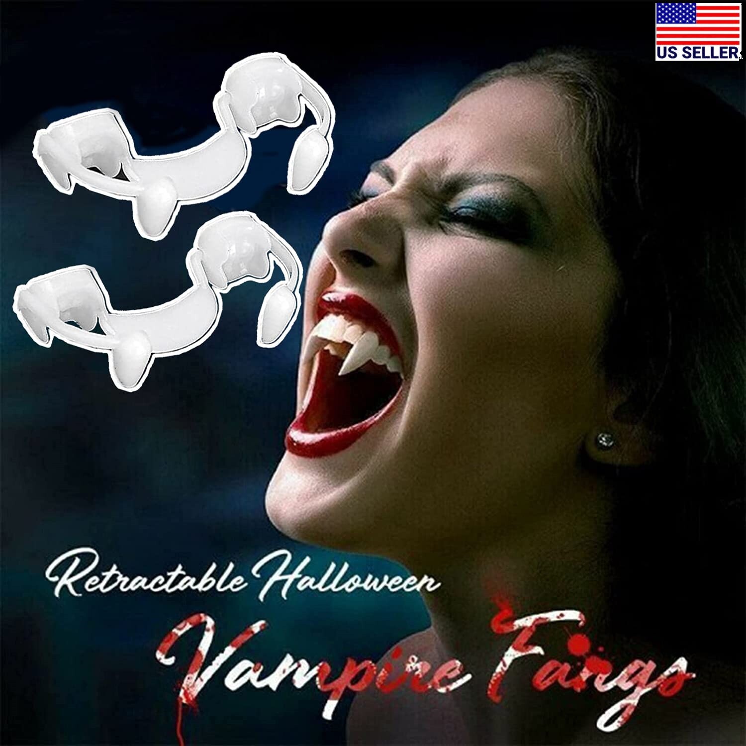 4×Retractable Vampire Teeth Fangs Halloween Cosplay Makeup Zombie Dentures Teeth