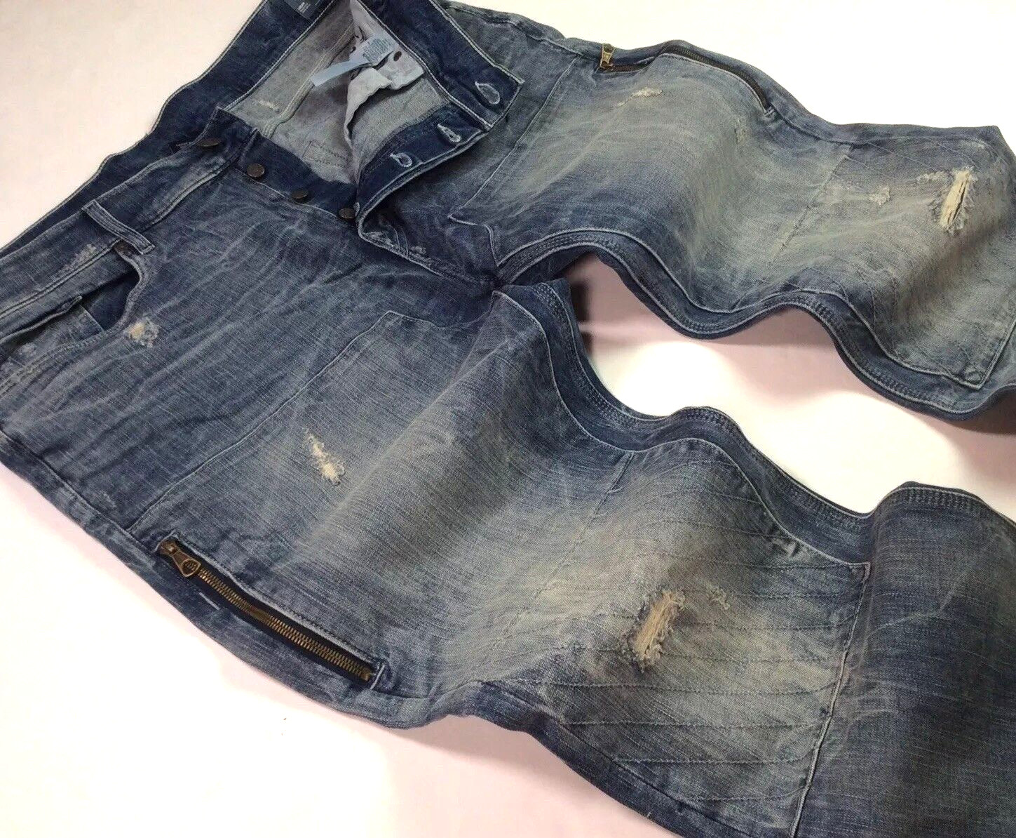 True Religion Zip Pockets Distressed Ripped Shredded Stitch Work Taper Jeans Men