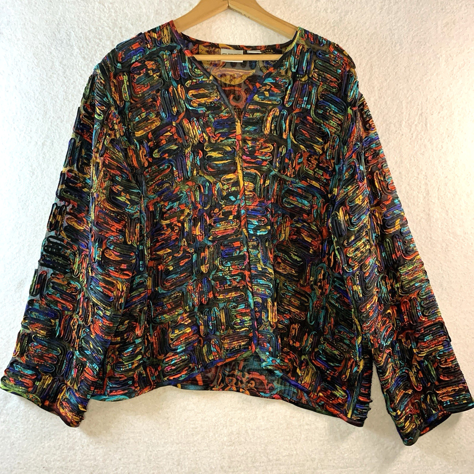 Womens Semi Sheer 100% Silk Top Layer Sz L Colorful Artsian Boho Statement Event
