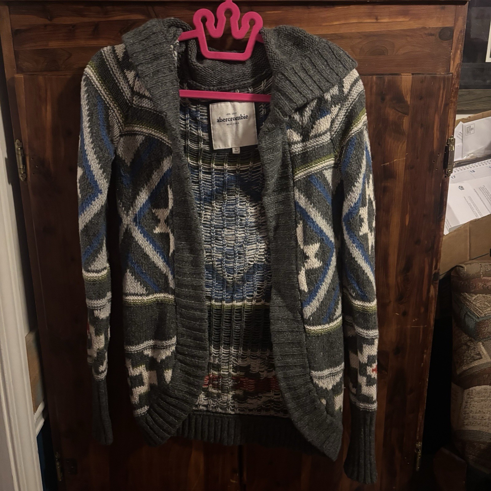 Abercrombie & Fitch Gray Blue Green Aztec Hooded Wool Cardigan