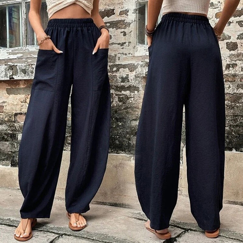 Summer Womens Cotton Linen Breathable Baggy Harem Pants Elastic Waist Trousers