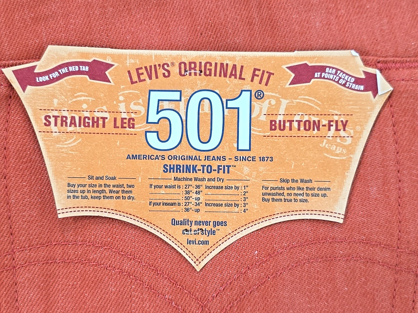 NWT Levis Original Shrink To Fit 501 Button Fly Straight Coral Red Jeans 34×30