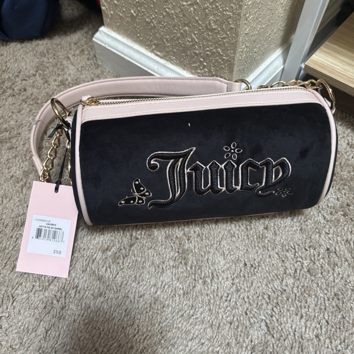 Juicy Couture Black/Pink Logo Barrel Shoulder Bag Zip Closure Detachable Strap