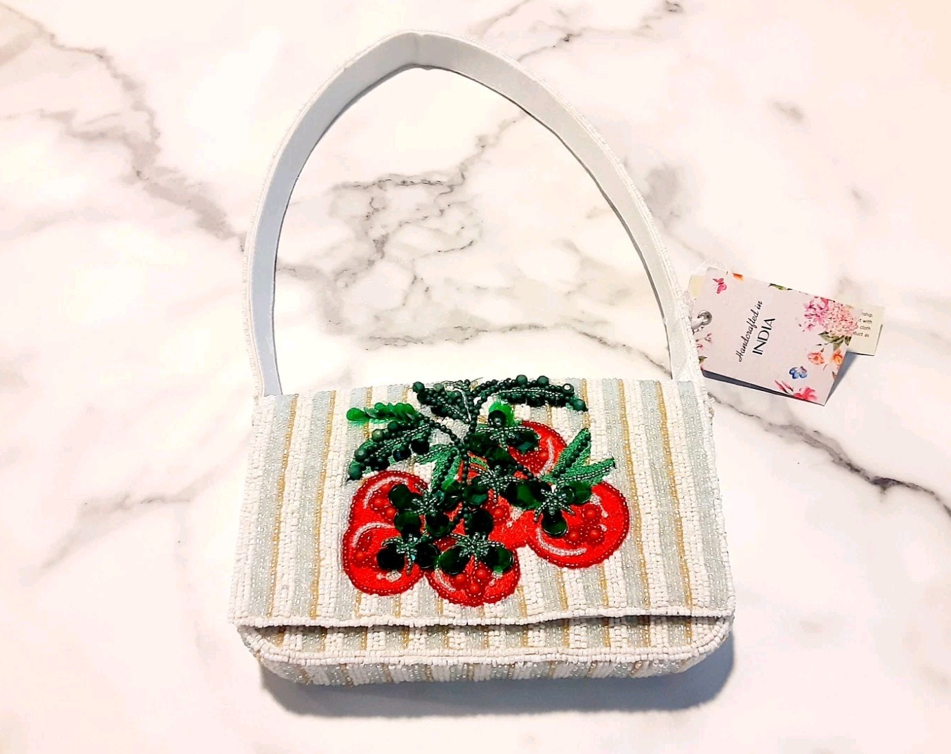 Made in India Beaded Tomato Striped Mini Shoulder Bag Purse White Gold Mint