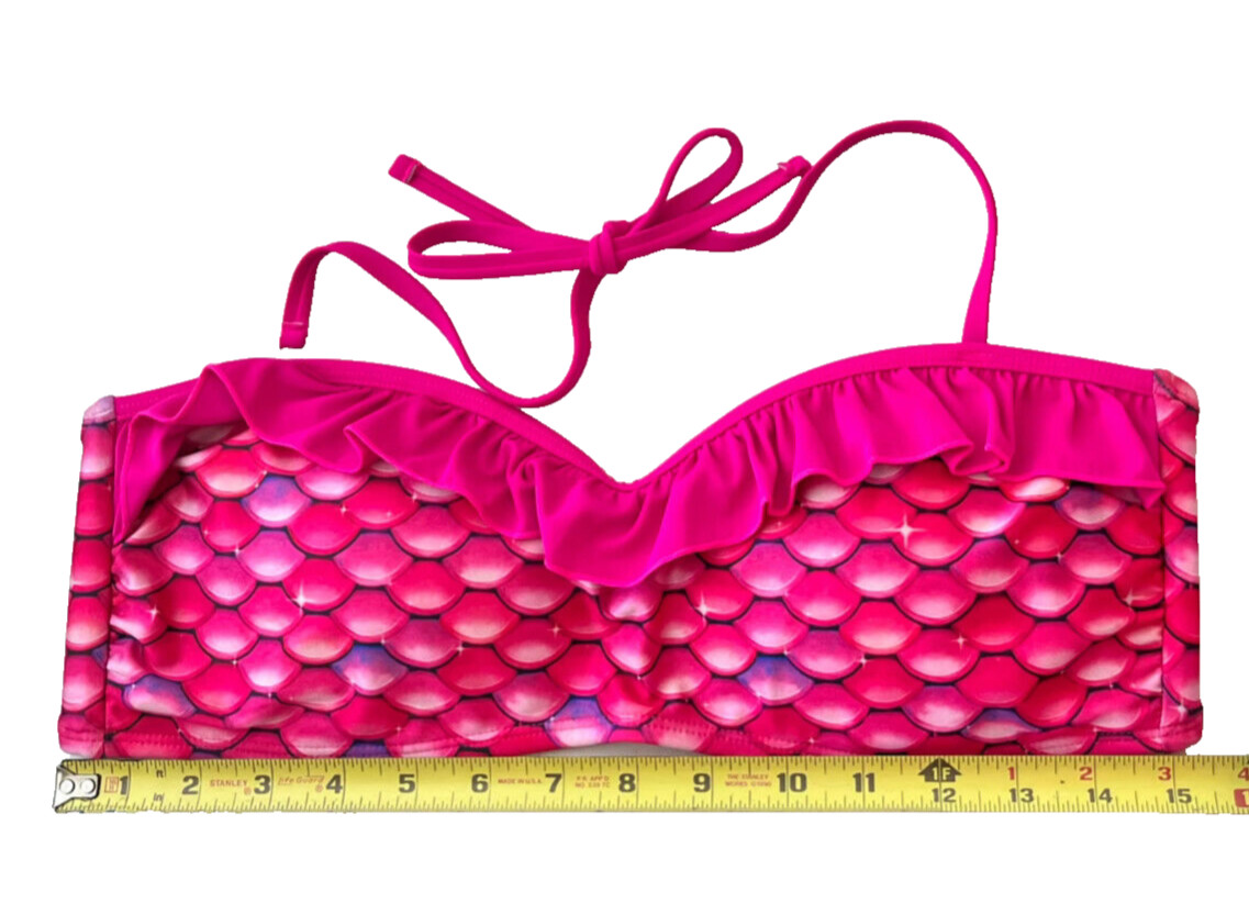 FIN FUN Women’s Mermaid Scale-Print Bandeau Bikini Ruffled Halter Top Pink, L