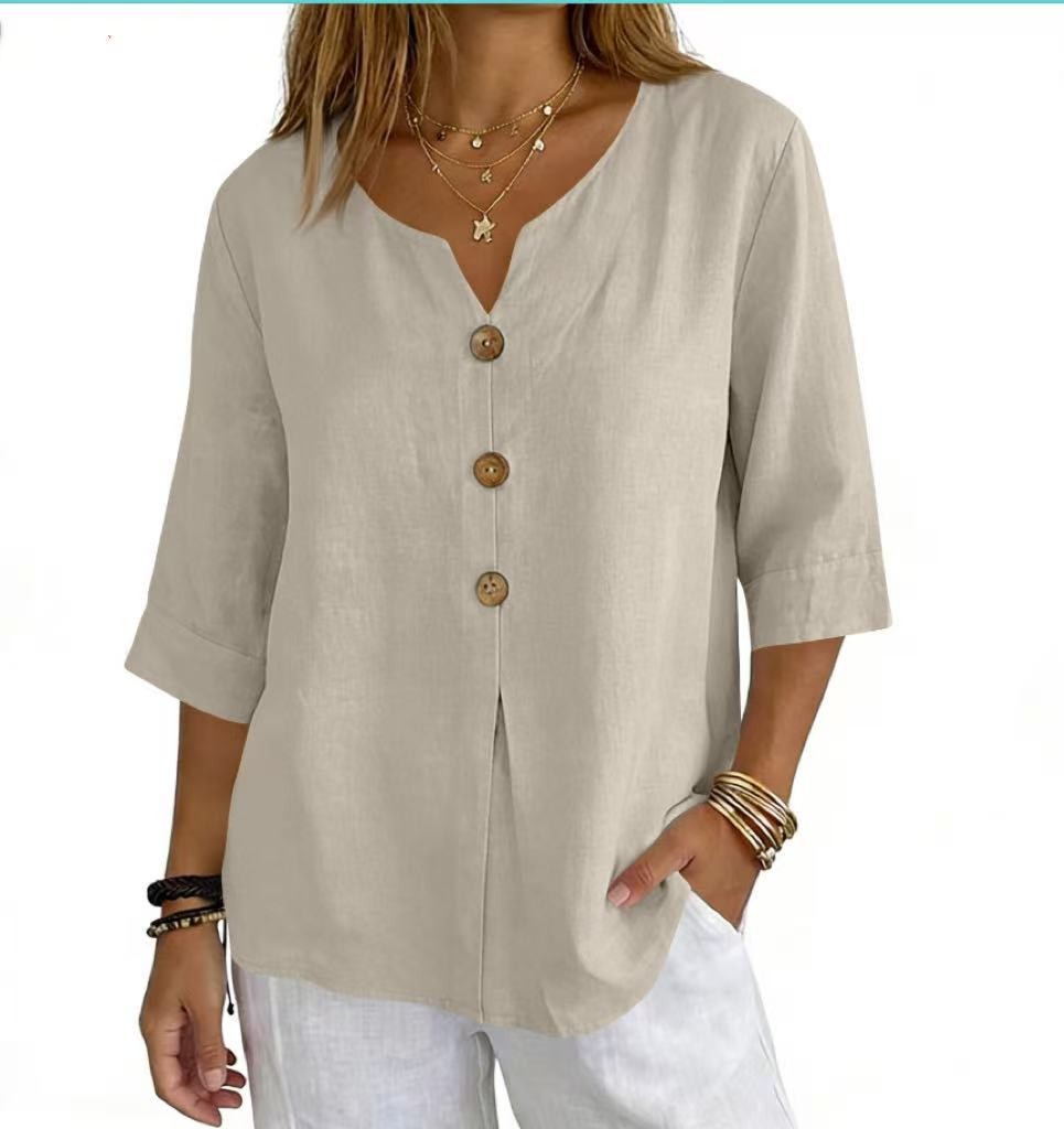 Womens Linen Button Down Shirt V Neck 3/4 Sleeve Loose Fit Casual Blouse Top
