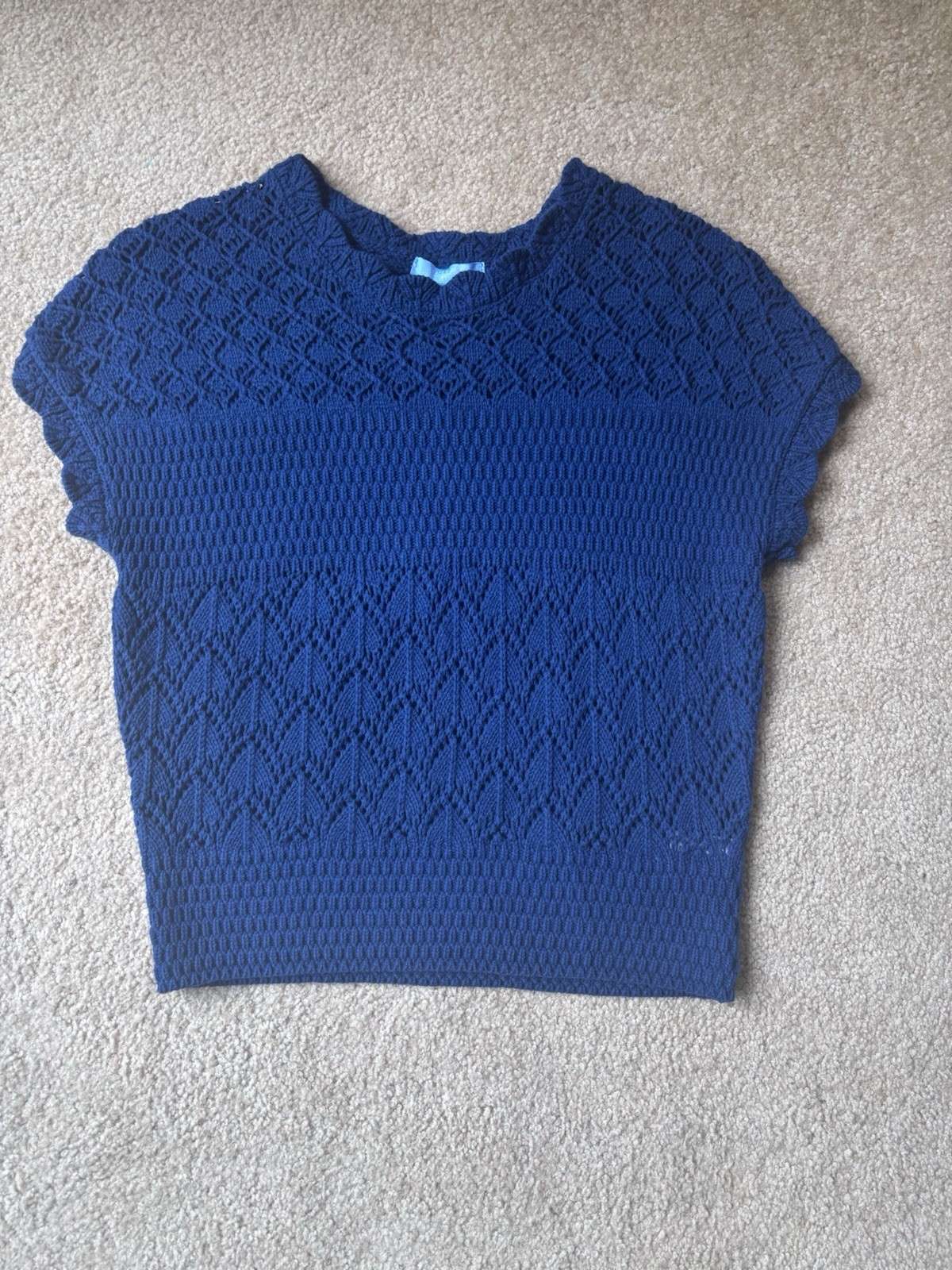 Draper James RSVP Blue Open Knit Pointelle Short Sleeve Sweater Top S Crochet