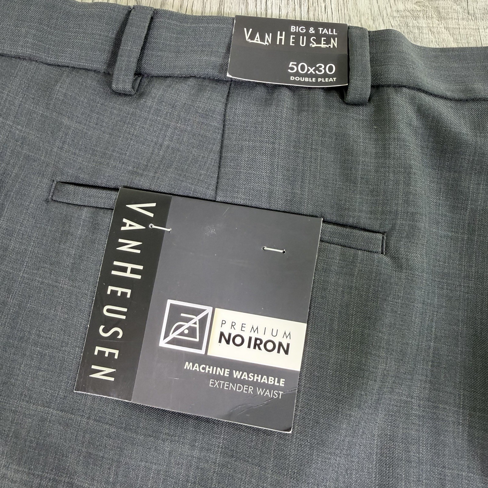New Van Heusen Big Tall Mens Grey Double Pleat Extender Waist Dress Pants 50×30