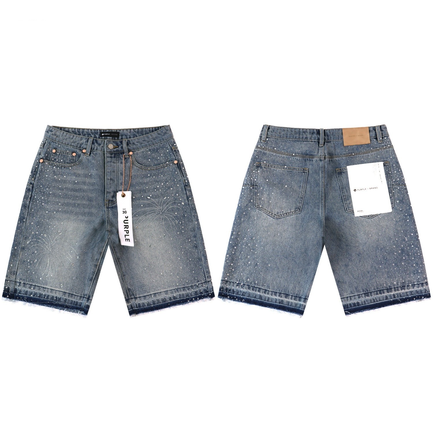 Men’s Purple Rhinestone Fireworks Raw Hem Brand Denim Shorts Street Jorts Jeans