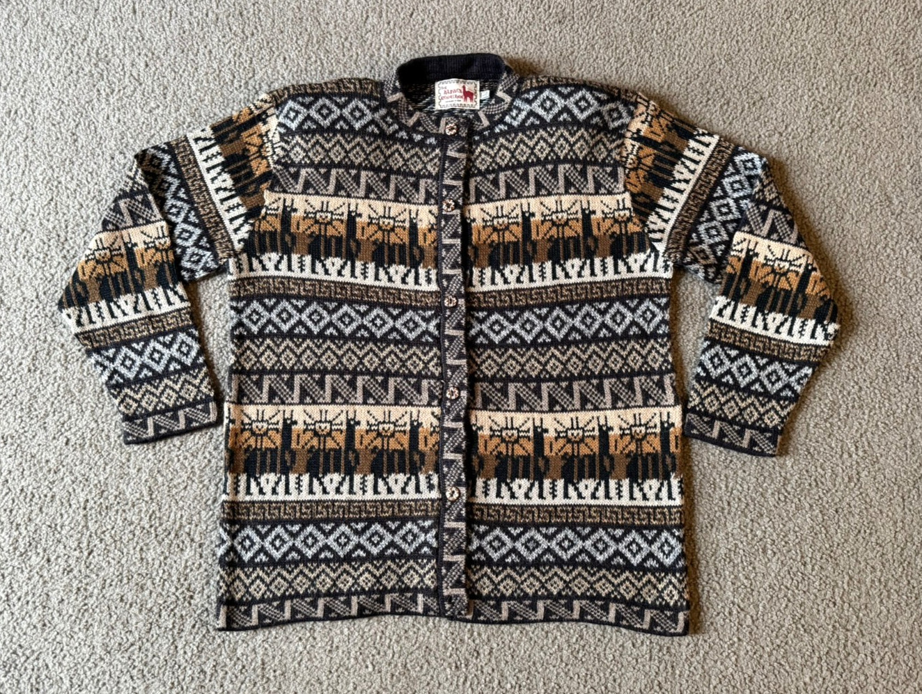 Alpaca Connection Peru Handmade Aztec Alpaca Pattern Cardigan Sweater – Large