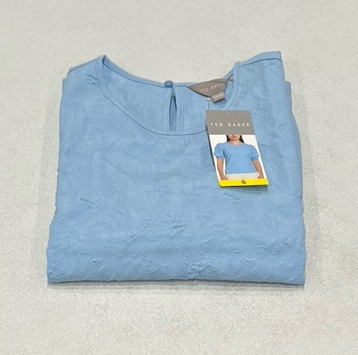Ted Baker Women’s Crewneck Elastic Smocked Short Sleeves Blouse, Blue, Size S