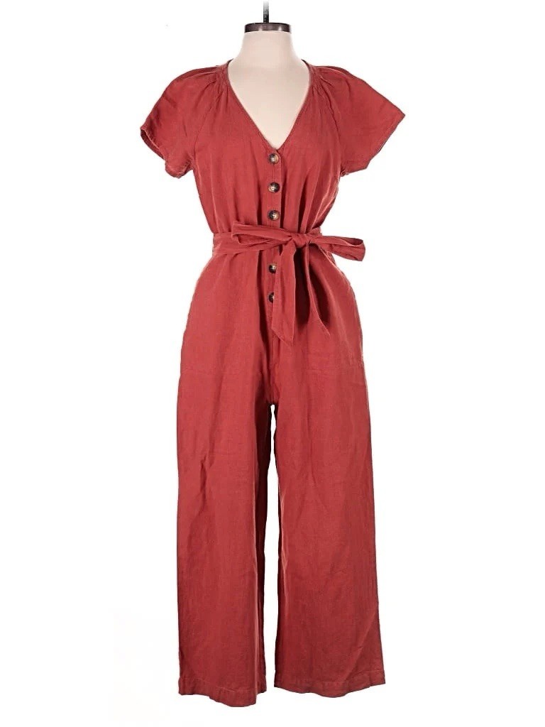 Madewell Rust Linen Button Front Wide-Leg V-Neck Jumpsuit Women’s 00