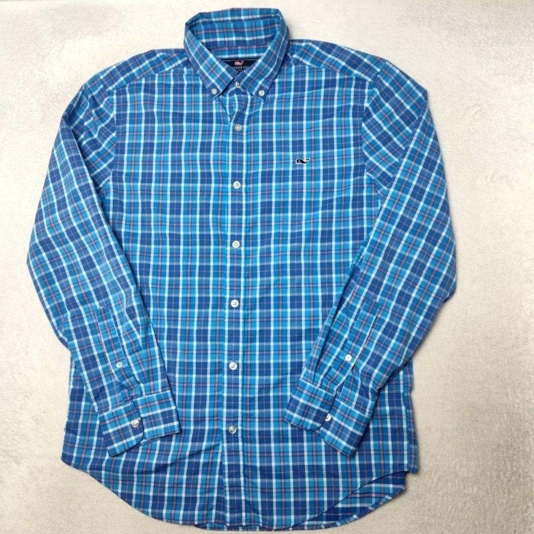 Vineyard Vines Shirt Mens M Blue Plaid Button-Up Whale Shirt Nylon Polyester
