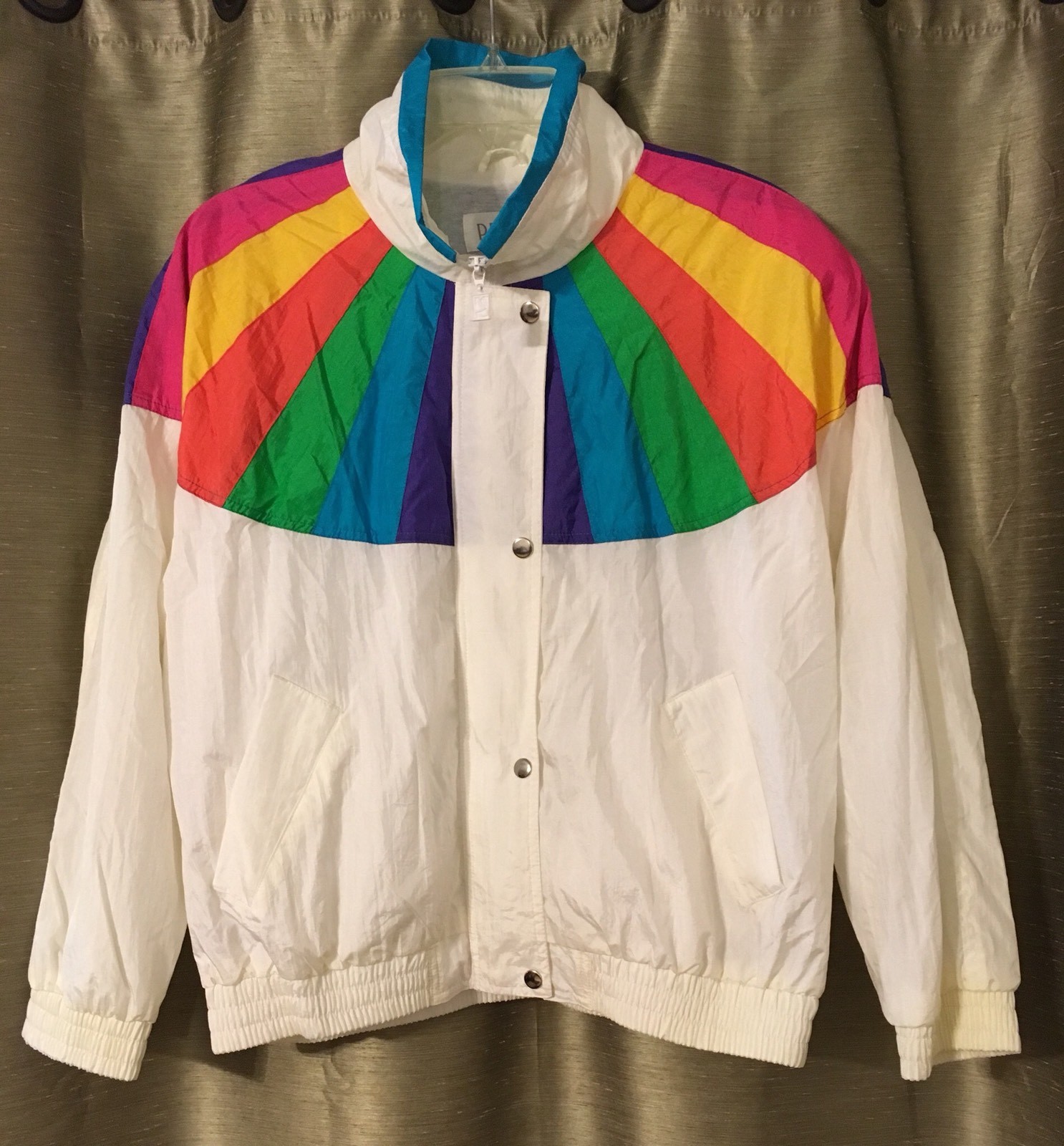 Vintage 80’s White w/Rainbow Stripes Nylon Women’s Track Jacket Large Gay Pride
