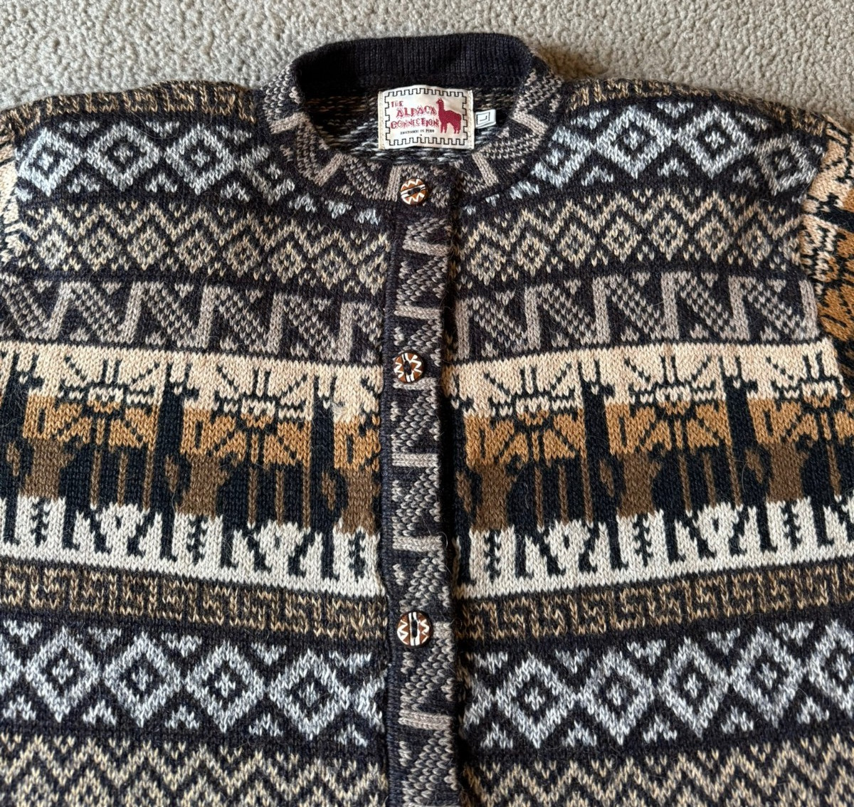 Alpaca Connection Peru Handmade Aztec Alpaca Pattern Cardigan Sweater – Large