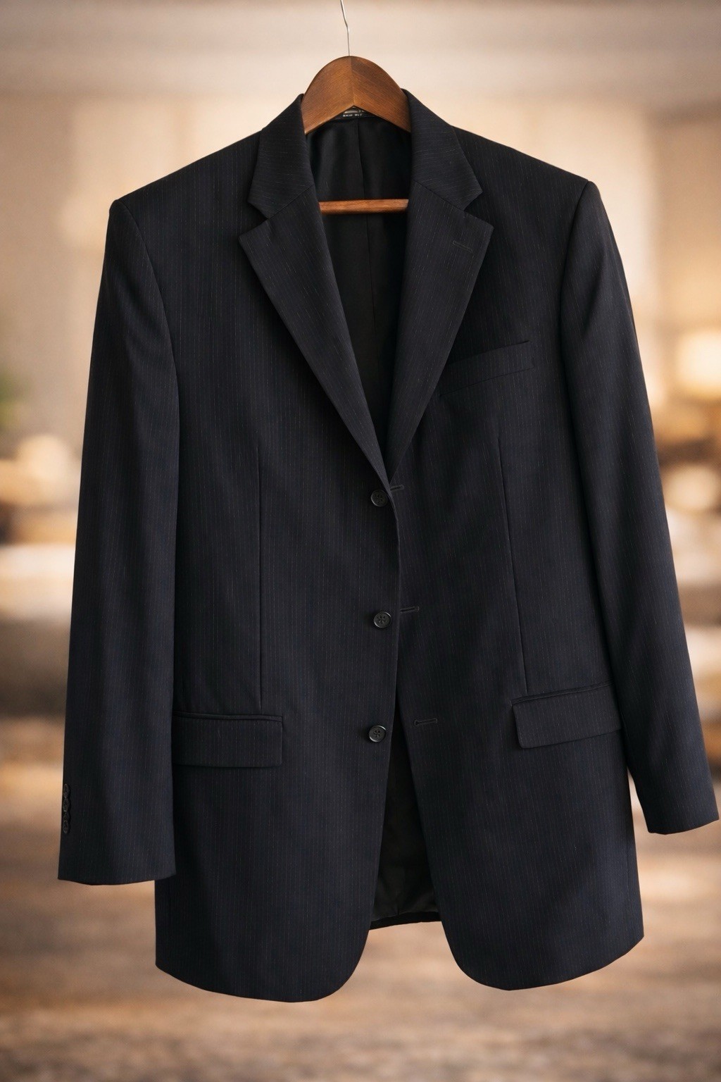 Alfani Men’s Black Pinstripe Wool Suit 40R Jacket 32×32 Flat‑Front Pants 3Button