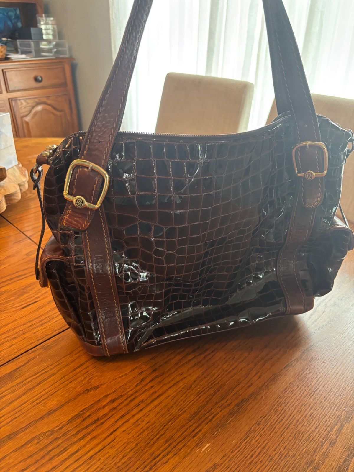 marino orlandi handbag purse tote crocodile embossed brown patent leather gold
