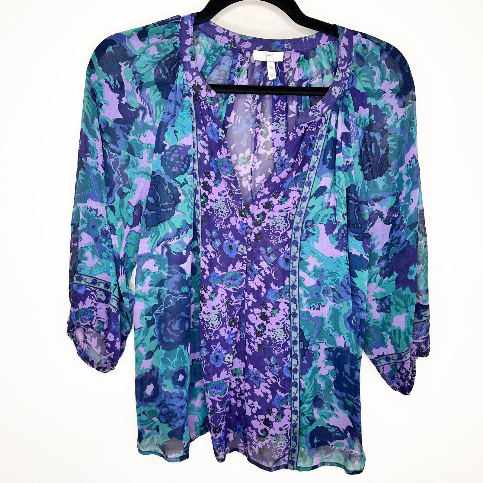 NWOT Joie Gloria Silk Sheer Blue Green Purple Floral Puff Sleeve Blouse Top XS