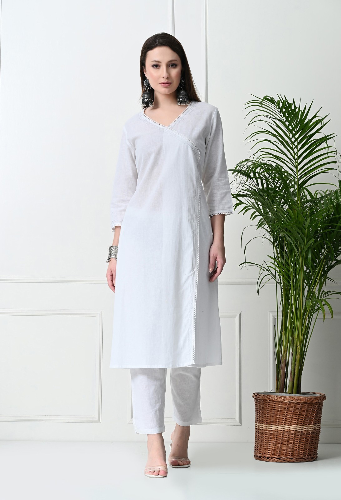 White Cotton Kurta Set with Dupatta for Women, Straight Fit Tunic & Pants, Light