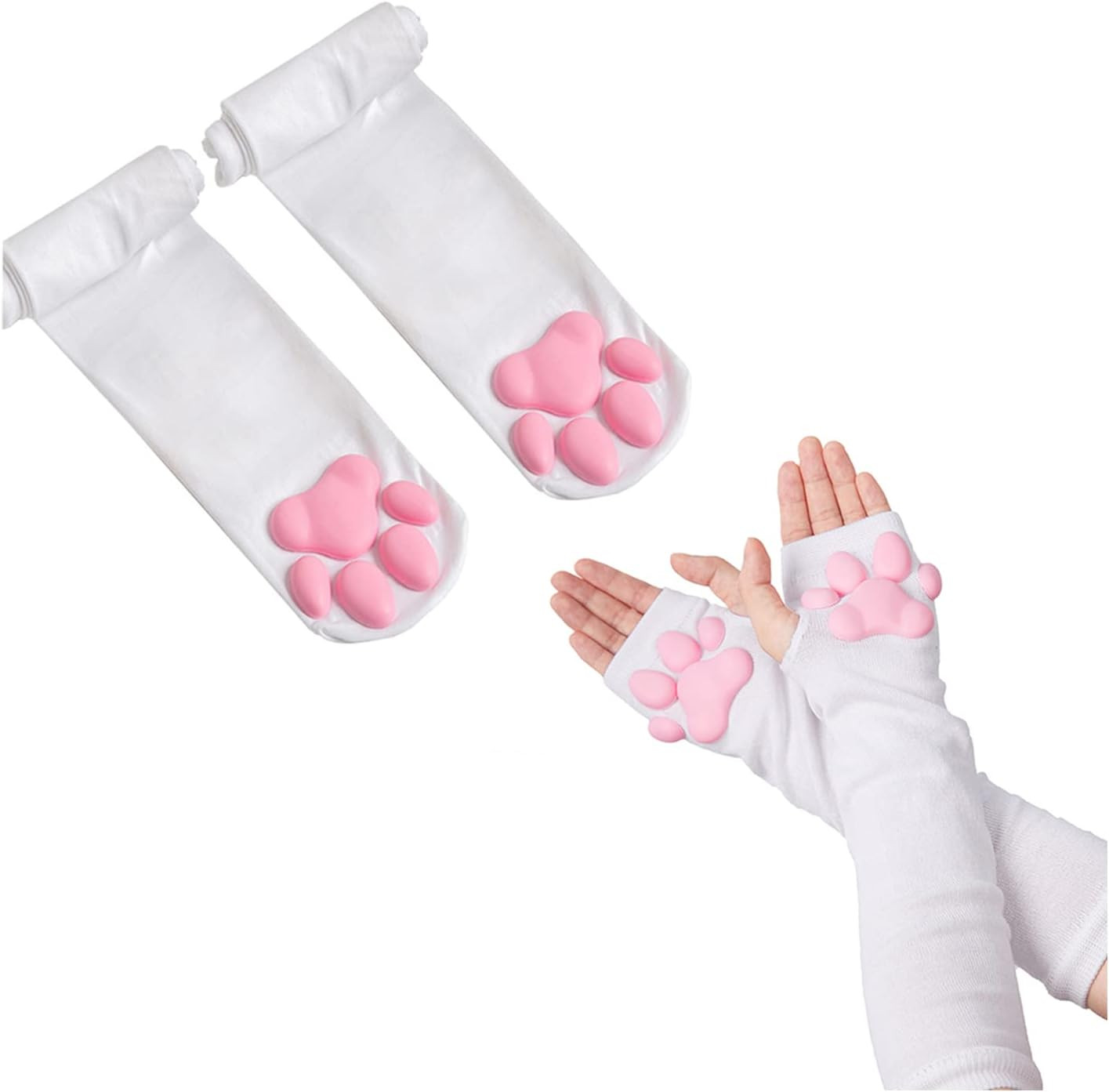 Cat Paw Thigh High Socks Golves, Cute Soft 3D Toe Beans Socks Mittens Kitten Cla