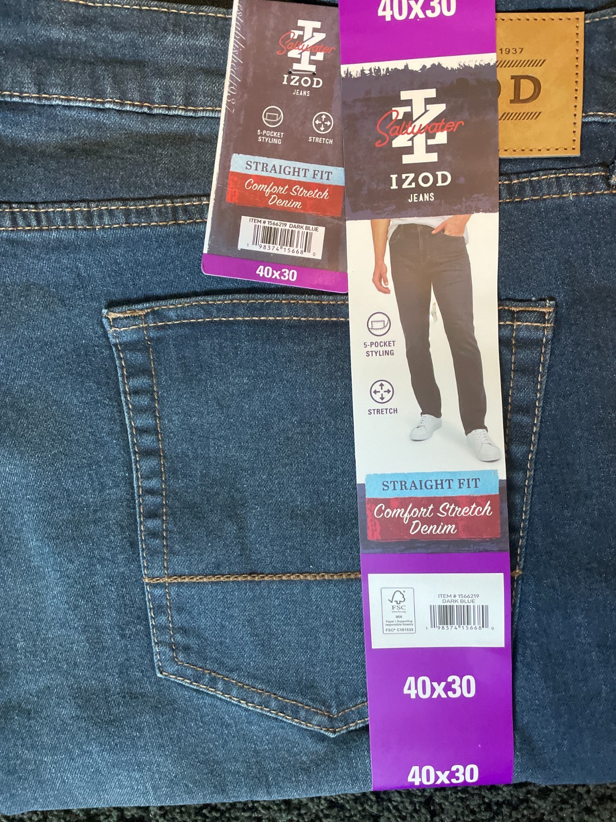 IZOD Jeans Mens Straight Fit Comfort Stretch Denim Dark Blue 40×30 40×32 40×29