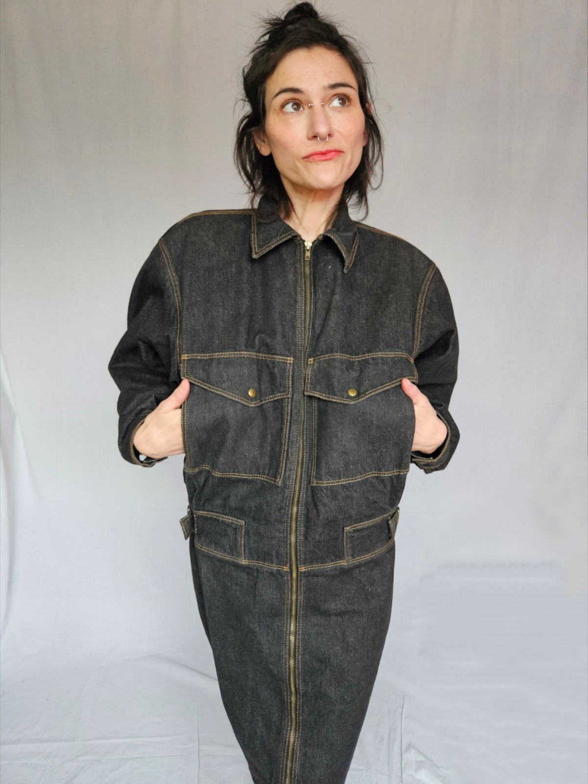 Alaïa Documented Denim Zip Front Dress Vintage Dark Wash Utility Bodycon Size 4