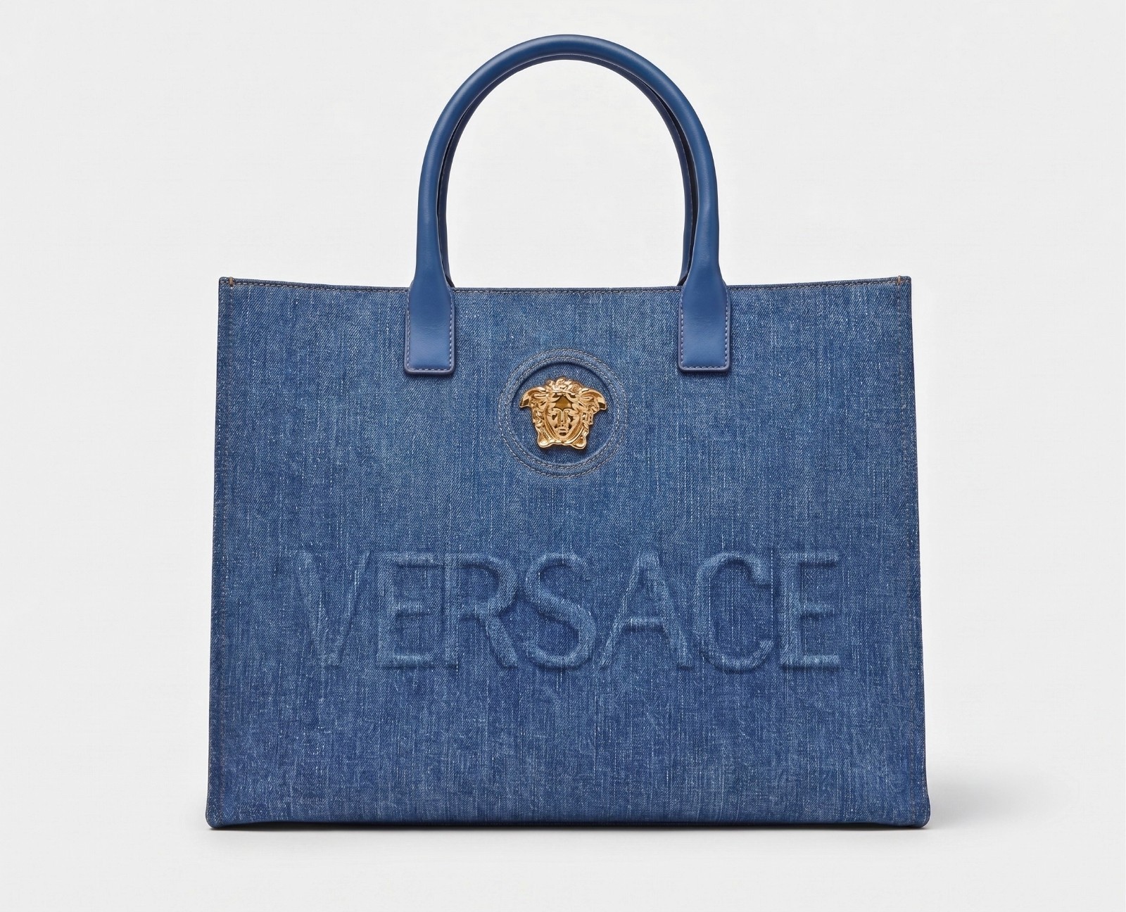 Versace La Medusa Denim Tote Bag Navy Blue Gold Embossed NWT RFID Authenticated