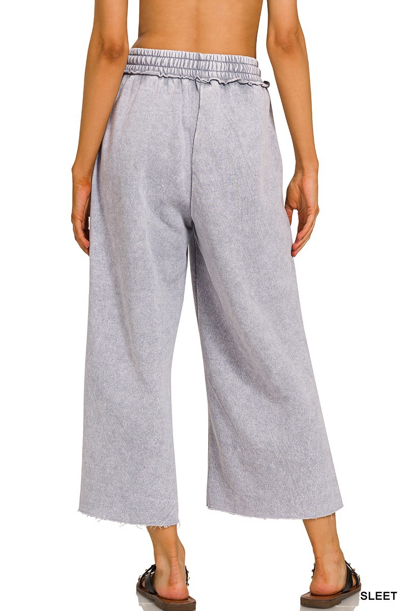 Sleet Zenana Palazzo Acid Wash Crop Sweatpants w/ Pockets Drawstring Waist