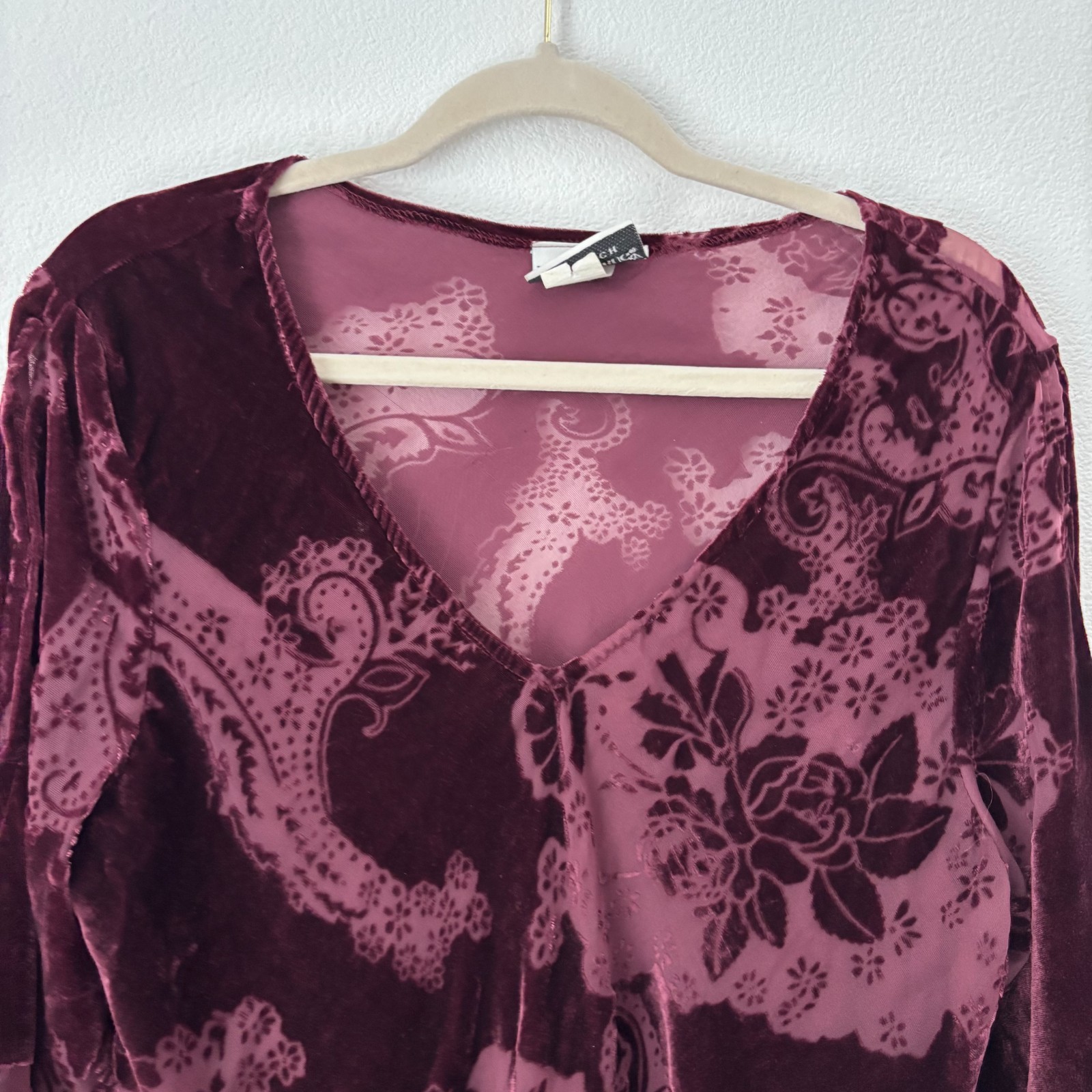 Vintage Fashion Bug Top XL Burgundy Floral Velvet Burnout Whimsigoth Fairy Y2K