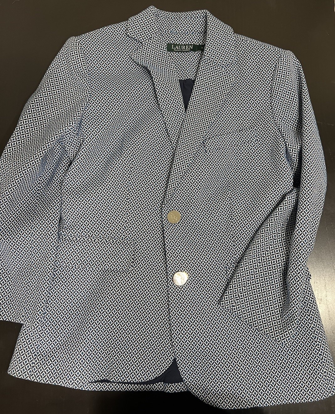 Lauren Ralph Lauren Blue/White Geometric Blazer S Single-Breasted 2-Button Notch
