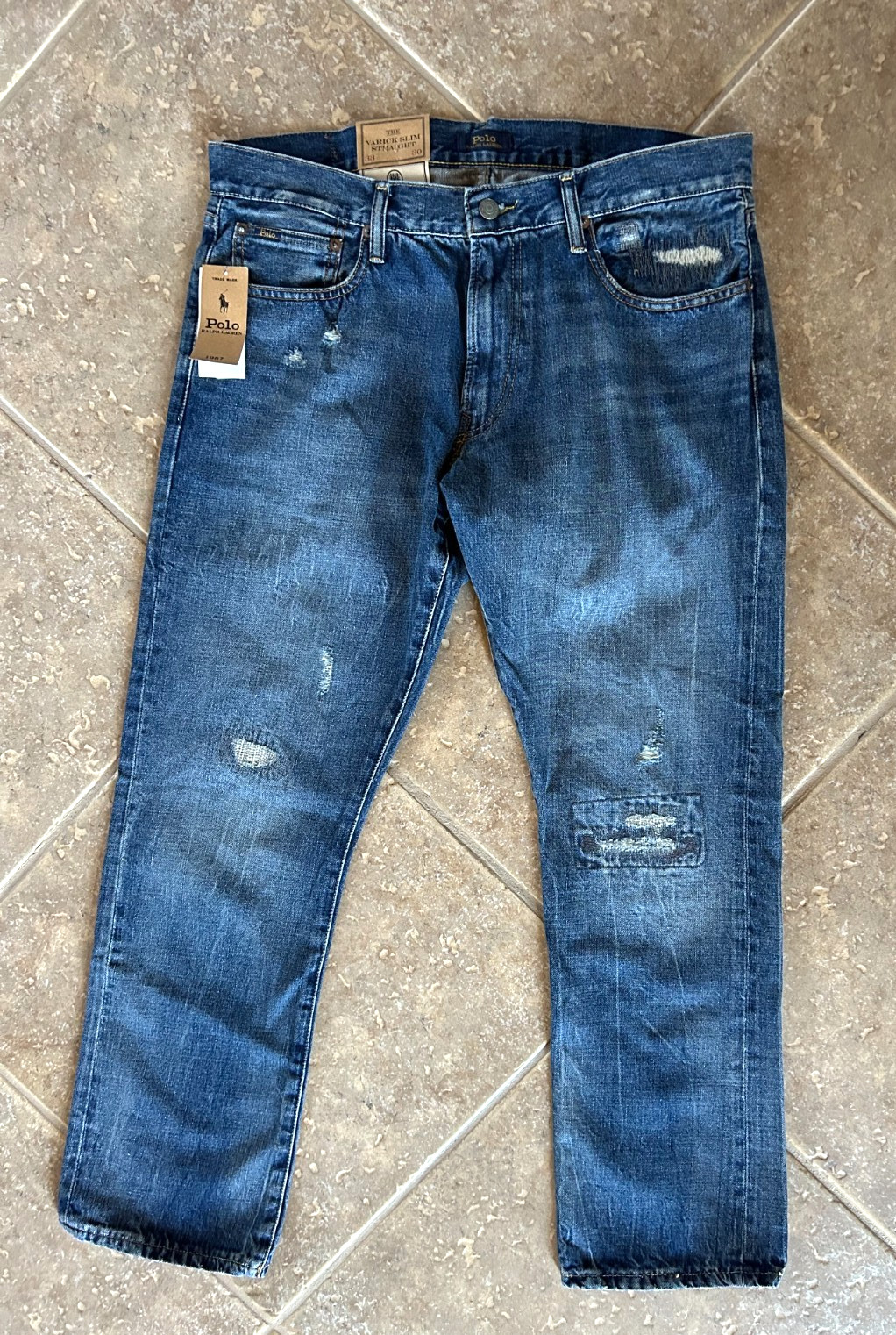Polo Ralph Lauren Varick Slim Straight Jeans Men’s 33 x 30 Distressed Denim NWT
