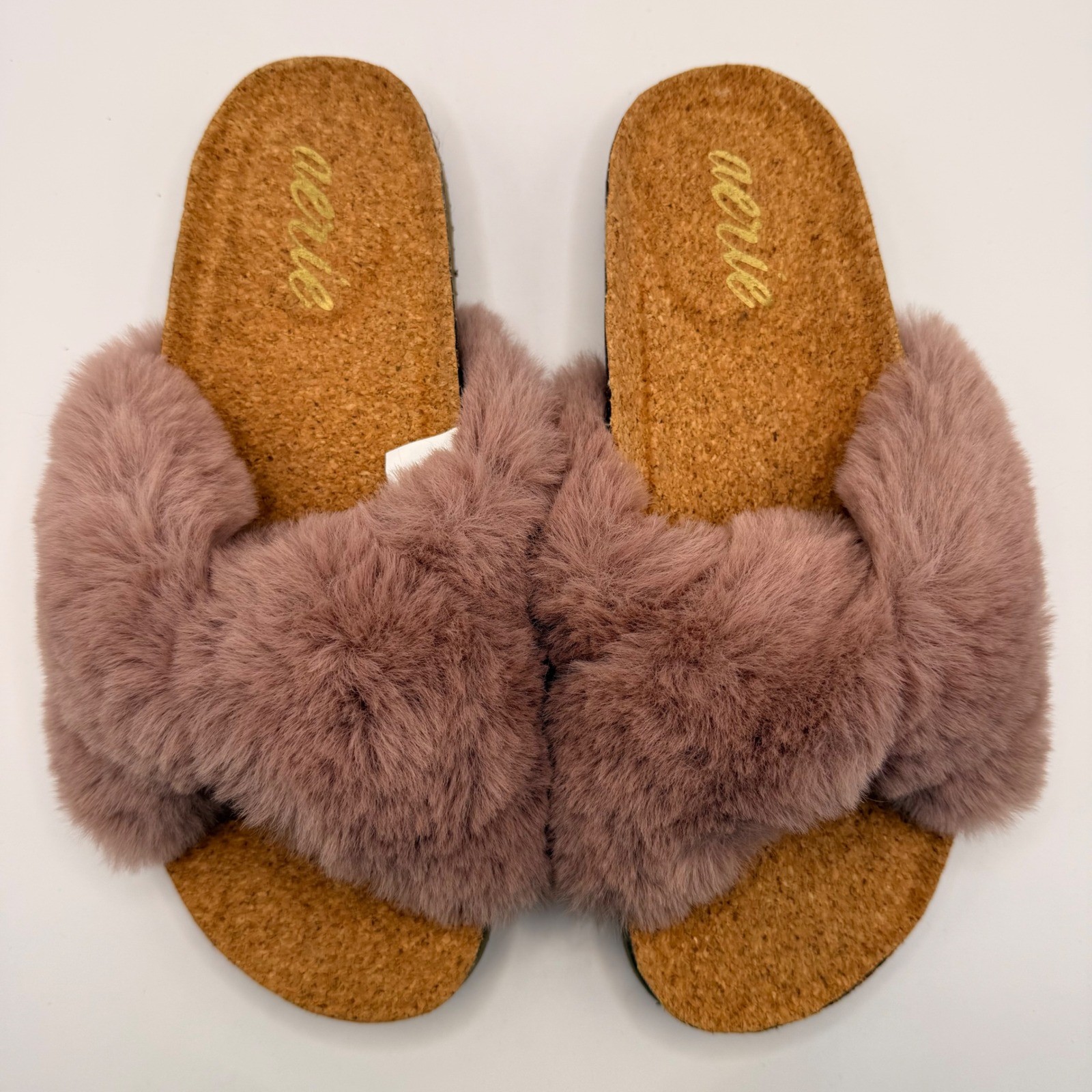 Aerie Womens Mauve Faux Fur Cross Strap Cork Footbed Slide Sandals Size 7 37.5