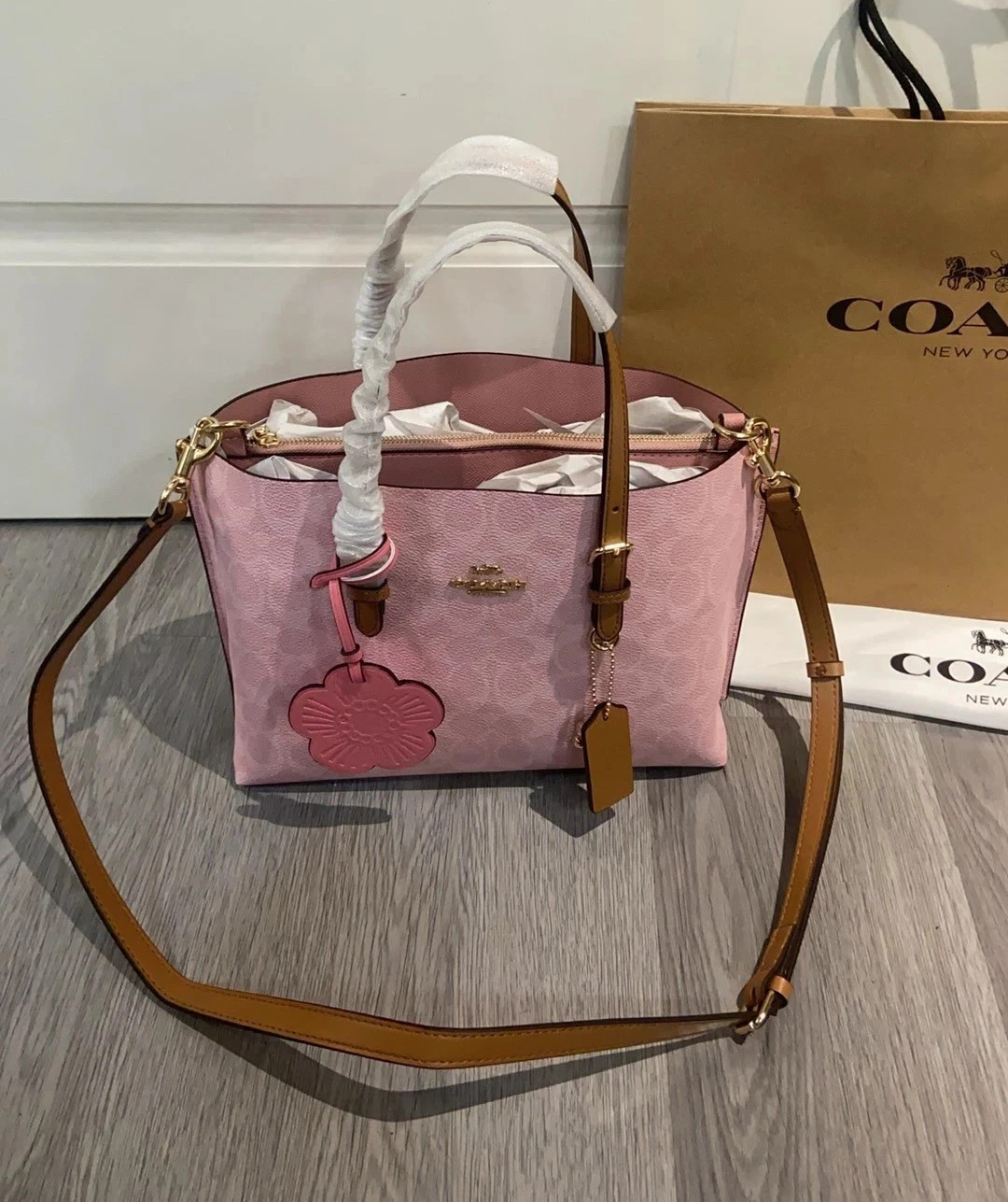 Coach CER24 Mollie Tote Bag 25 In Signature Canvas With Charms Powder Pink New