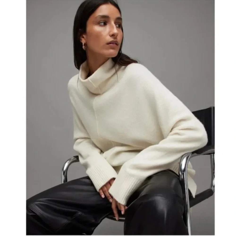 AllSaints Ivory Asymmetric Roll Neck Wool Yak Blend Sweater Sz Large