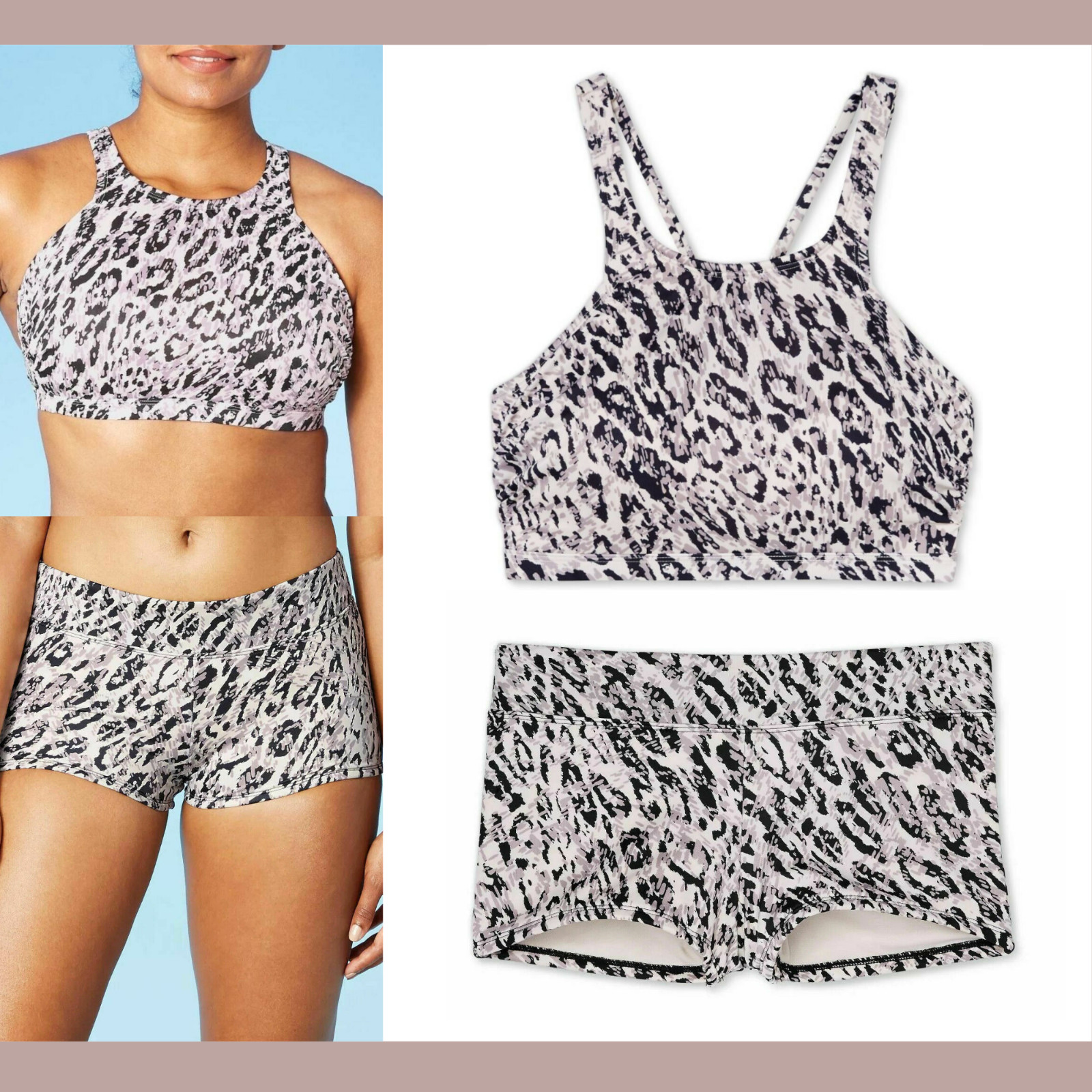 NWT $46 All in Motion [ Medium ] Strappy Bikini Top Boyshort Bottom Animal T451